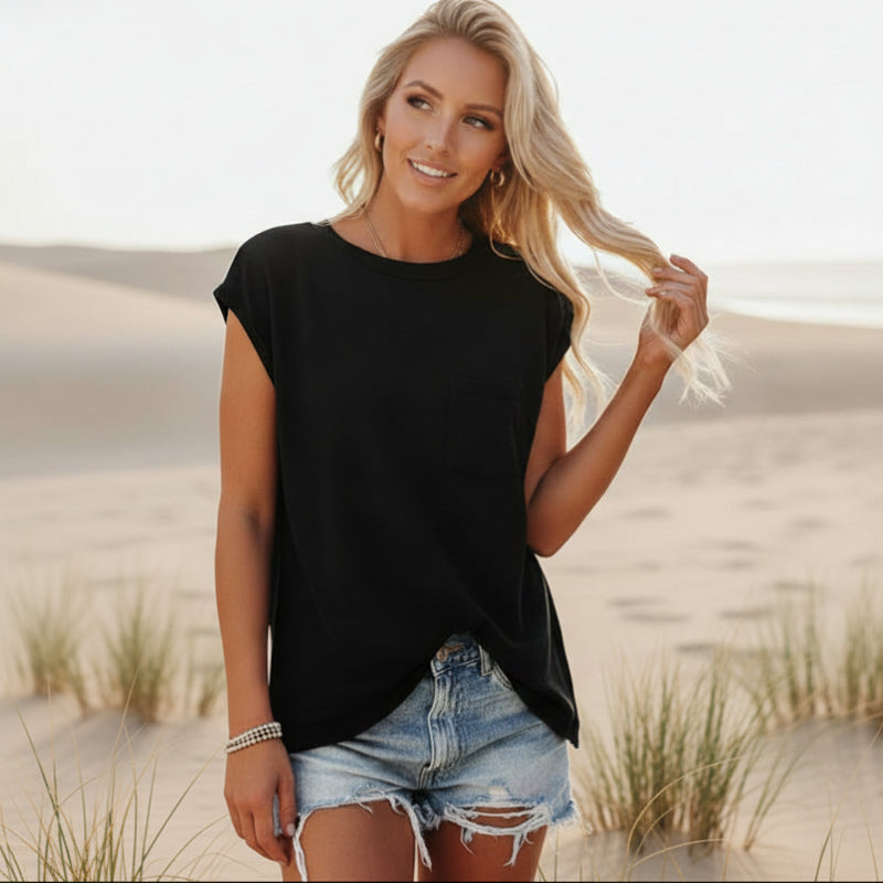 Camiseta de Manga Corta Casual Sólida para Mujer con Cuello Redondo y Bolsillo, Estilo Boho para el Verano – Pin