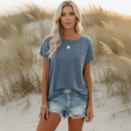 Camiseta de Manga Corta Casual Sólida para Mujer con Cuello Redondo y Bolsillo, Estilo Boho para el Verano – Pin