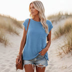 Camiseta de Manga Corta Casual Sólida para Mujer con Cuello Redondo y Bolsillo, Estilo Boho para el Verano – Pin