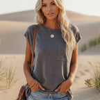 Camiseta de Manga Corta Casual Sólida para Mujer con Cuello Redondo y Bolsillo, Estilo Boho para el Verano – Pin