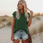 Camiseta de Manga Corta Casual Sólida para Mujer con Cuello Redondo y Bolsillo, Estilo Boho para el Verano – Pin