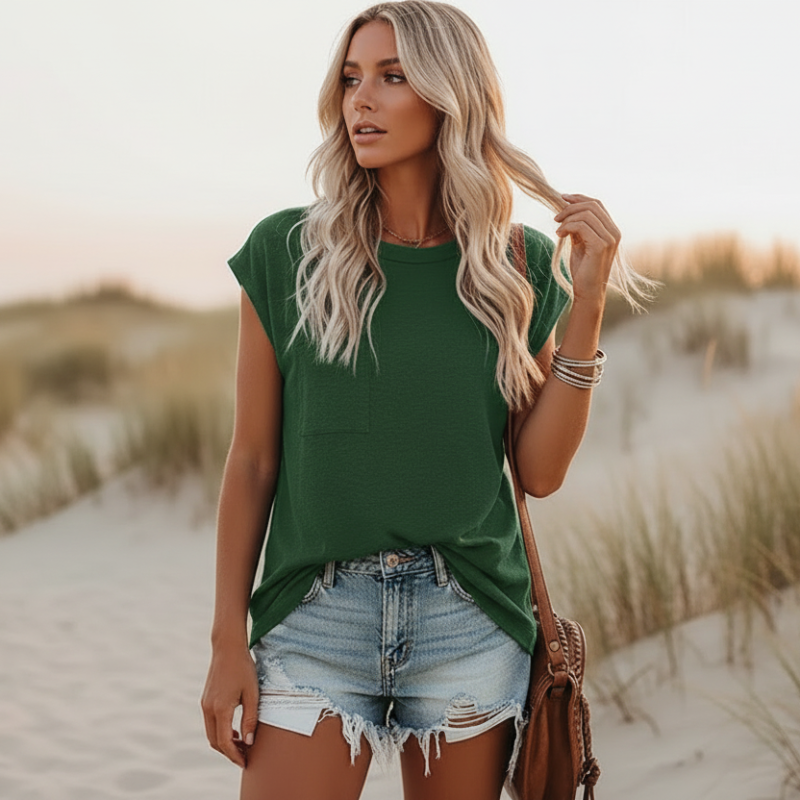 Camiseta de Manga Corta Casual Sólida para Mujer con Cuello Redondo y Bolsillo, Estilo Boho para el Verano – Pin