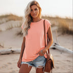 Camiseta de Manga Corta Casual Sólida para Mujer con Cuello Redondo y Bolsillo, Estilo Boho para el Verano – Pin