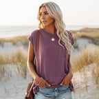 Camiseta de Manga Corta Casual Sólida para Mujer con Cuello Redondo y Bolsillo, Estilo Boho para el Verano – Pin