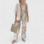 Conjunto Sofisticado de Dos Piezas para Mujeres Blusa Relajada Pantalones de Pierna Ancha Casual Elegante Diario – Martha