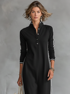 Vestido Largo Casual Minimalista de Verano para Mujer con Cuello Abotonado y Detalles en Blanco – Negro