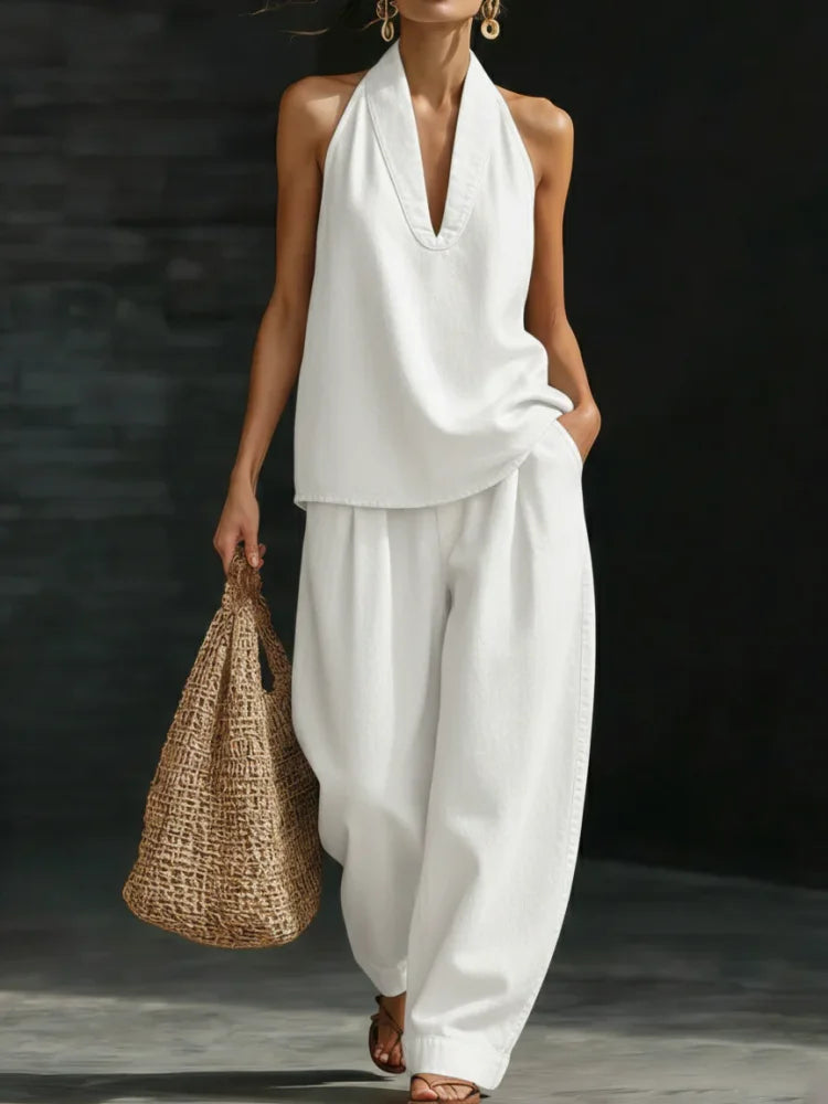 Conjunto de Denim Minimalista de Dos Piezas para Mujeres, Top Halter y Pantalones de Pierna Ancha, Ropa Casual de Calle para el Verano – Zaria