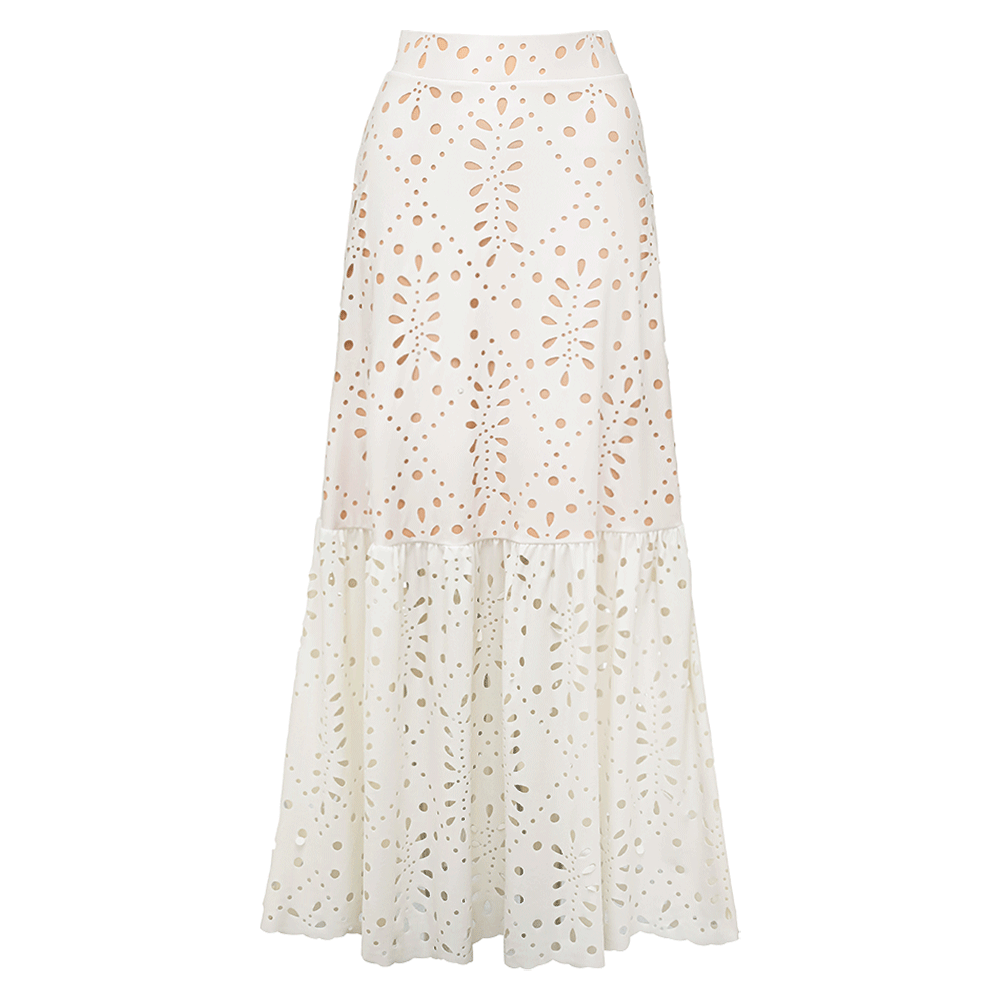 Conjunto de traje de baño de una pieza con escote en V, corte láser y florales & falda larga para vacaciones en la playa, resort, fiesta en la piscina, crucero, luna de miel – Blanco