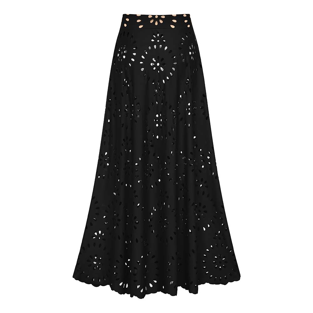 Conjunto de Traje de Baño de Una Pieza con Corte Láser Floral y Falda Larga de Cuello en V para Vacaciones en la Playa, Fiesta en la Piscina, Resort y Crucero – Negro