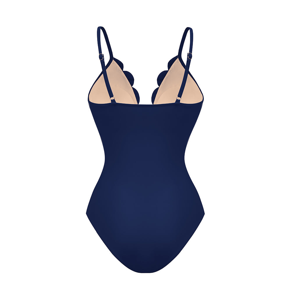 Bañador de Una Pieza con Corte Láser de Flores Huecas para Mujeres con Falda Cubierta, Escote en V, Elegante para la Playa, Verano – Azul Marino