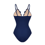 Bañador de Una Pieza con Corte Láser de Flores Huecas para Mujeres con Falda Cubierta, Escote en V, Elegante para la Playa, Verano – Azul Marino