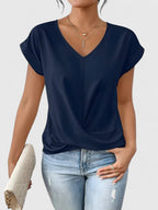 Top V-Neck Confortable para Mujeres con Twist Frontal de Manga Corta Casual Chic – Mahrianne