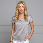 Blusa de satén con aspecto de seda para mujer, cuello en V, manga corta, casual, formal, para el trabajo diario, elegante y chic – Champagne Verde Salvia