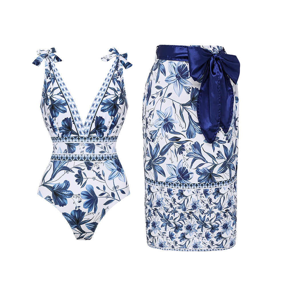 Conjunto de Traje de Baño de Una Pieza Con Escote En V, Cordones y Estampado Floral & Falda larga - Vacaciones En La Playa, Resort, Fiesta En La Piscina, Crucero, Luna de Miel – Azul