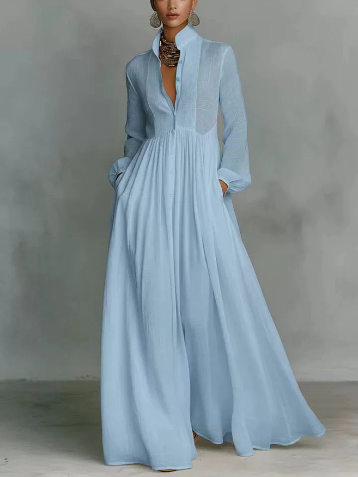 Vestido Largo Casual Formal Minimalista de Algodón y Lino para Mujeres con Cuello Alto y Botones