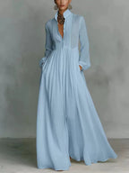 Vestido Largo Casual Formal Minimalista de Algodón y Lino para Mujeres con Cuello Alto y Botones