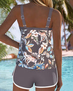 Conjunto de Tankini sin Mangas con Escote en U Impreso para Mujeres, Top Botánico Tropical, Pantalones Cortos de Baño, Playa, Piscina, Vacaciones, Resort, Verano – Botanica
