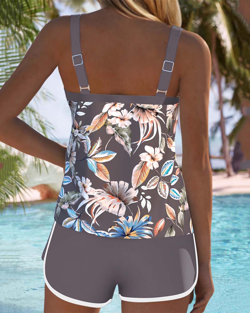 Conjunto de Tankini sin Mangas con Escote en U Impreso para Mujeres, Top Botánico Tropical, Pantalones Cortos de Baño, Playa, Piscina, Vacaciones, Resort, Verano – Botanica