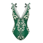 Conjunto de traje de baño de una pieza con escote en V, cordones y falda larga impresa para mujeres – Verde Floral