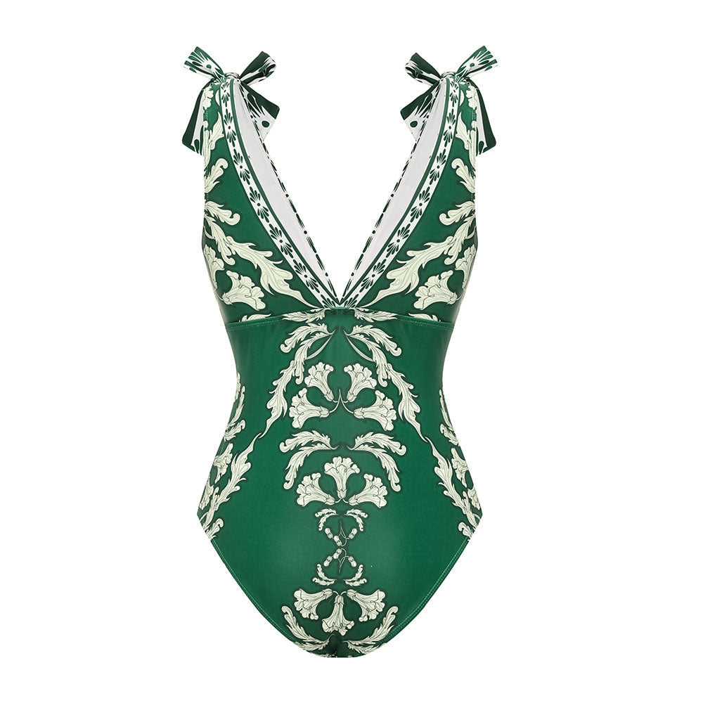 Conjunto de traje de baño de una pieza con escote en V, cordones y falda larga impresa para mujeres – Verde Floral