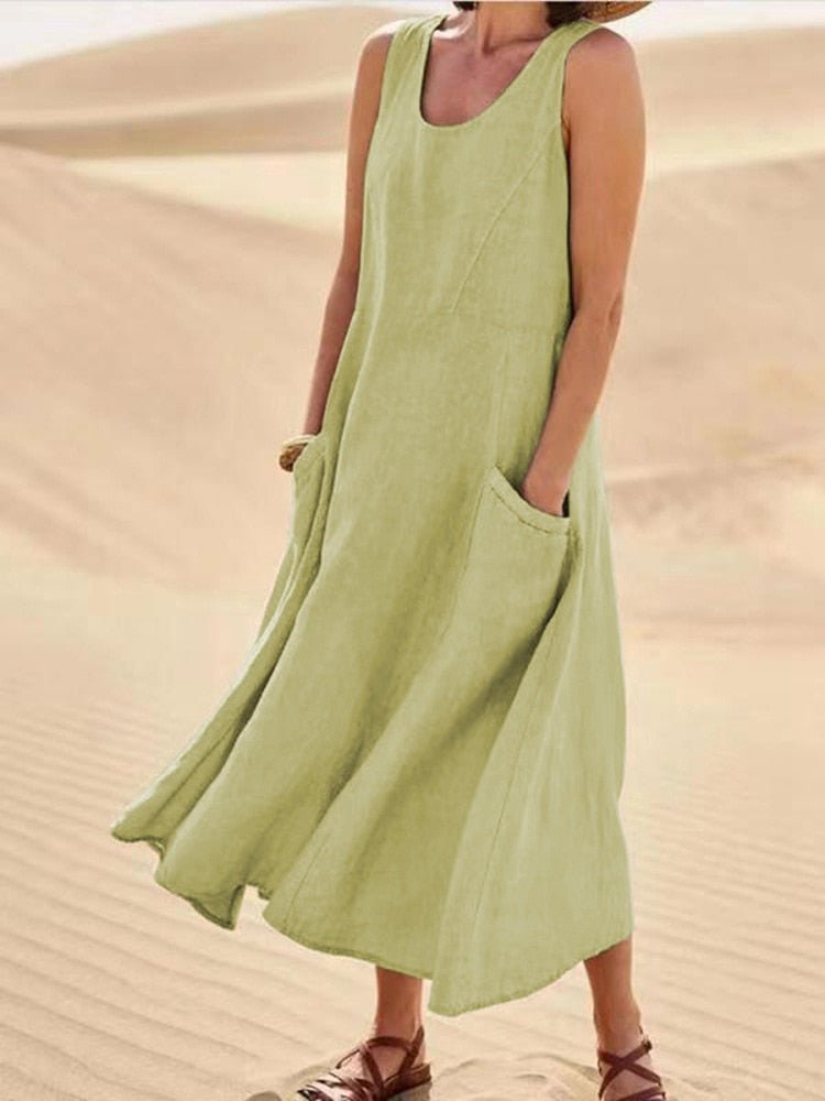 Vestido Midi Casual Sin Mangas para Mujer con Bolsillos, Fluido, Relajado y Transpirable para el Verano – Zoe