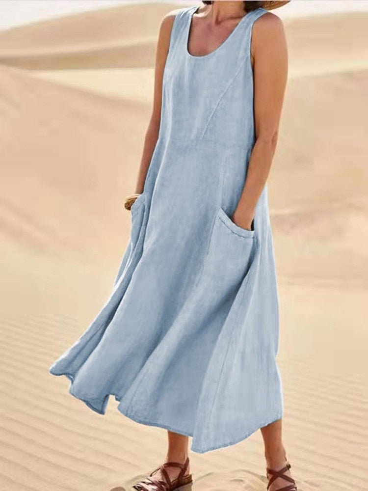 Vestido Midi Casual Sin Mangas para Mujer con Bolsillos, Fluido, Relajado y Transpirable para el Verano – Zoe