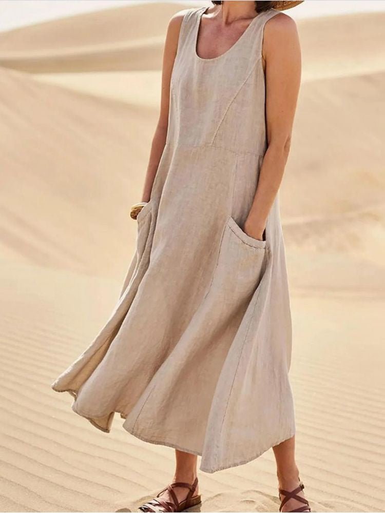 Vestido Midi Casual Sin Mangas para Mujer con Bolsillos, Fluido, Relajado y Transpirable para el Verano – Zoe