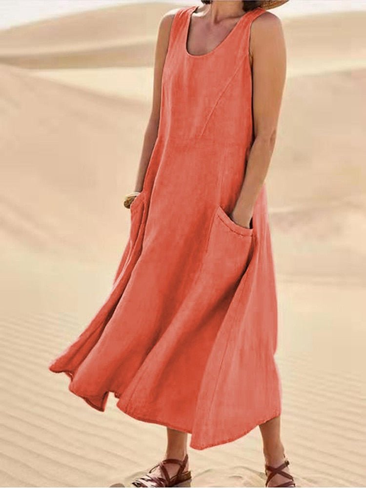 Vestido Midi Casual Sin Mangas para Mujer con Bolsillos, Fluido, Relajado y Transpirable para el Verano – Zoe