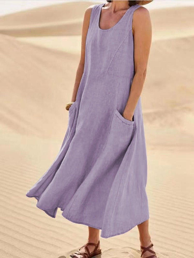 Vestido Midi Casual Sin Mangas para Mujer con Bolsillos, Fluido, Relajado y Transpirable para el Verano – Zoe