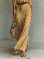 Vestido Largo de Vaquera Elegante para Mujeres con Solapa y Cierre de Un Solo Botón, Cintura con Cinturón, Manga Larga, Casual – Camel