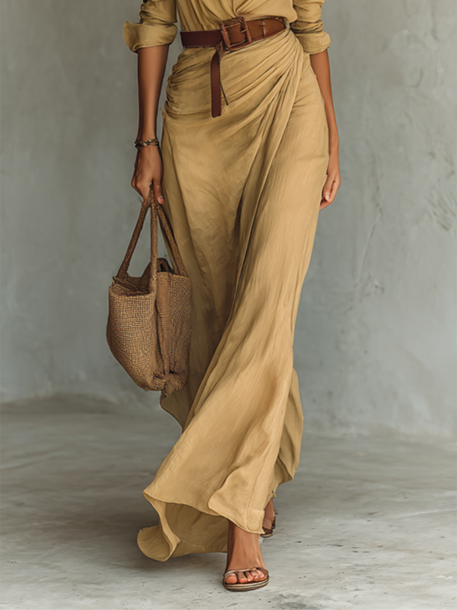Vestido Largo de Vaquera Elegante para Mujeres con Solapa y Cierre de Un Solo Botón, Cintura con Cinturón, Manga Larga, Casual – Camel