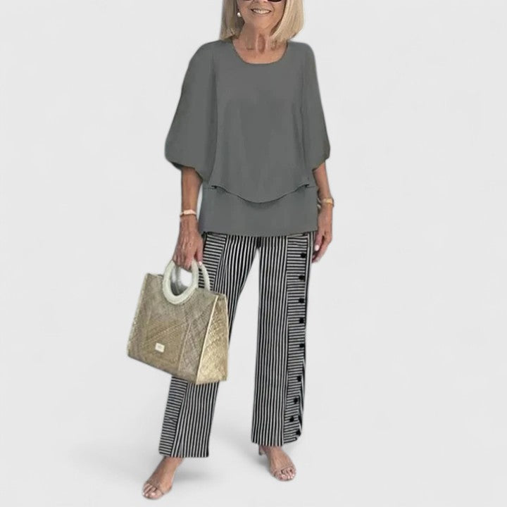 Conjunto Sofisticado de Dos Piezas para Mujeres Blusa Relajada Pantalones de Pierna Ancha Casual Elegante Diario – Martha