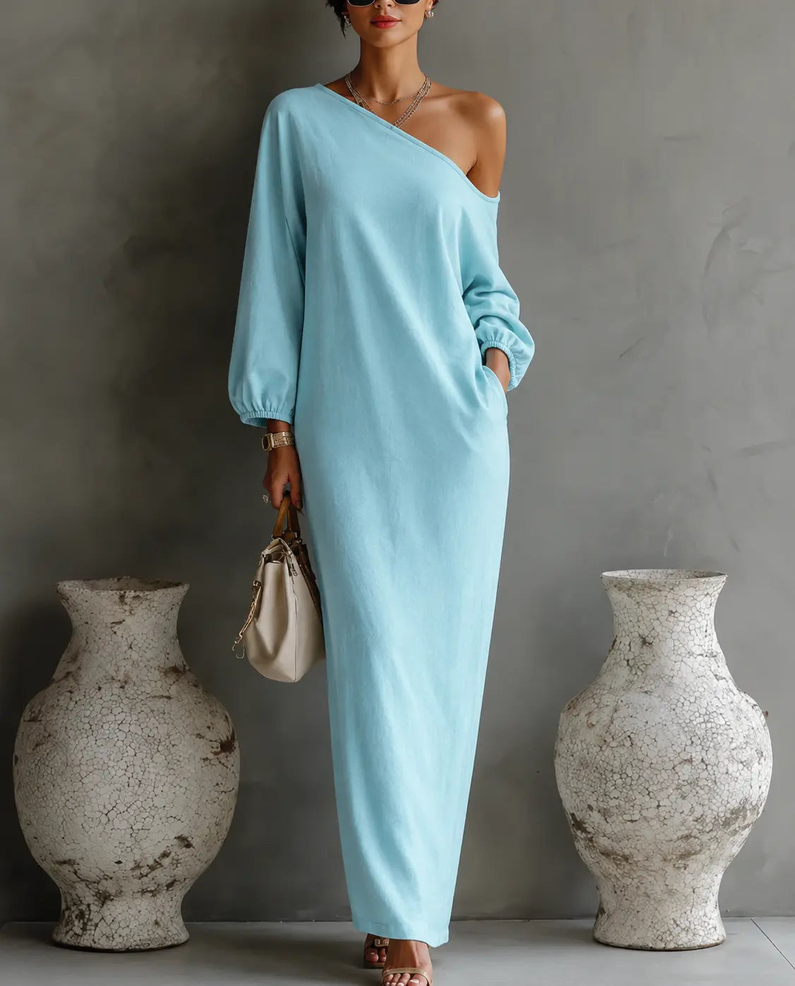 Vestido Largo Elegante de Una Sola Manga para Mujer de Algodón y Lino, Fluido, Formal, para Fiestas y Bodas – Blanco Marfil
