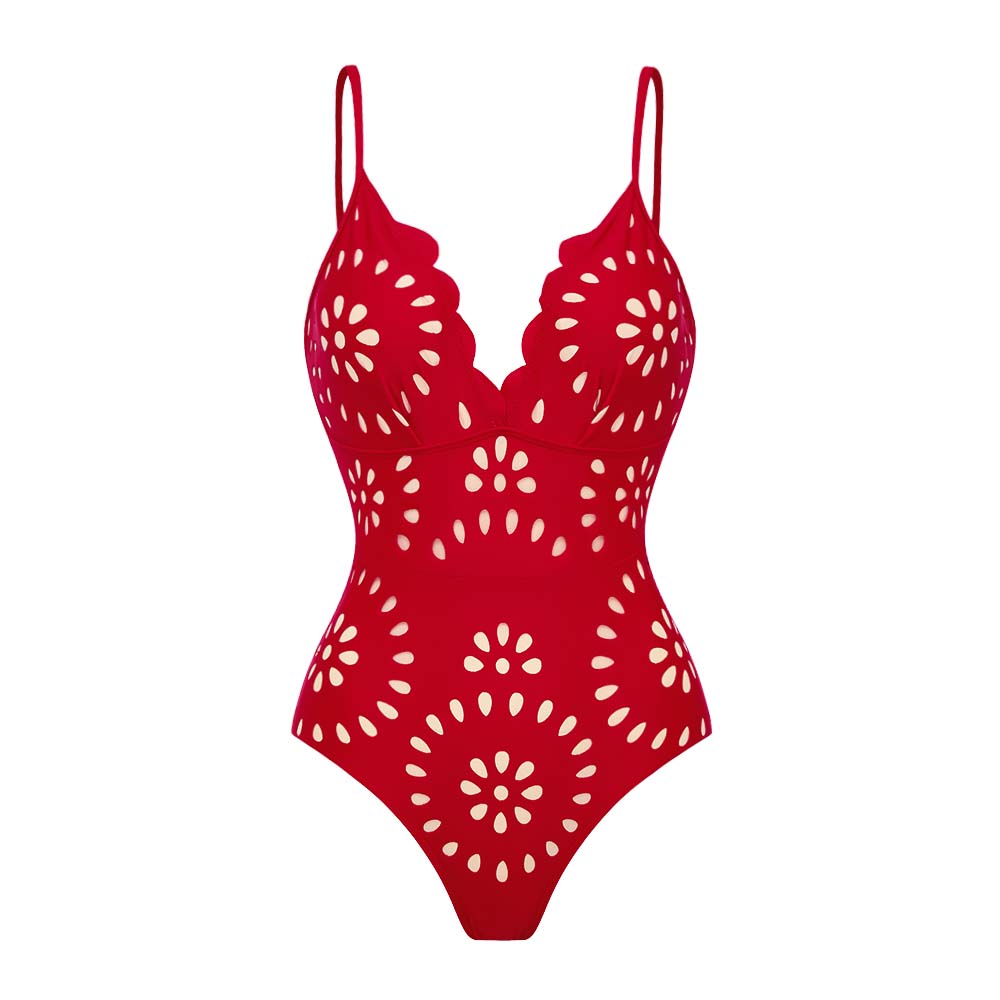 Conjunto de Traje de Baño de Una Pieza Floral con Corte y Falda Larga de V-Cuello para Vacaciones en la Playa, Fiesta en la Piscina, Verano Resort – Rojo