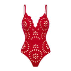Conjunto de Traje de Baño de Una Pieza Floral con Corte y Falda Larga de V-Cuello para Vacaciones en la Playa, Fiesta en la Piscina, Verano Resort – Rojo
