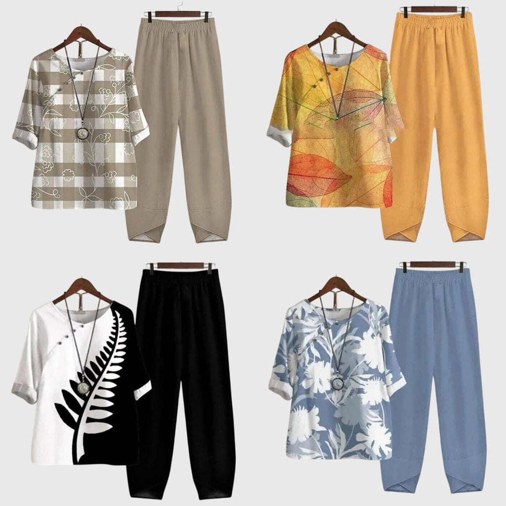 Conjunto Casual de Dos Piezas para Mujeres, Top de Manga Corta Impreso y Pantalones de Pierna Ancha, Cómodo para el Día a Día – Alessia