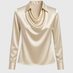 Blusa de Satén Elegante para Mujeres con Cuello de Cowl y Manga Larga, Brillo Lujoso, Ajuste Fluido, Casual Chic – Brooklyn