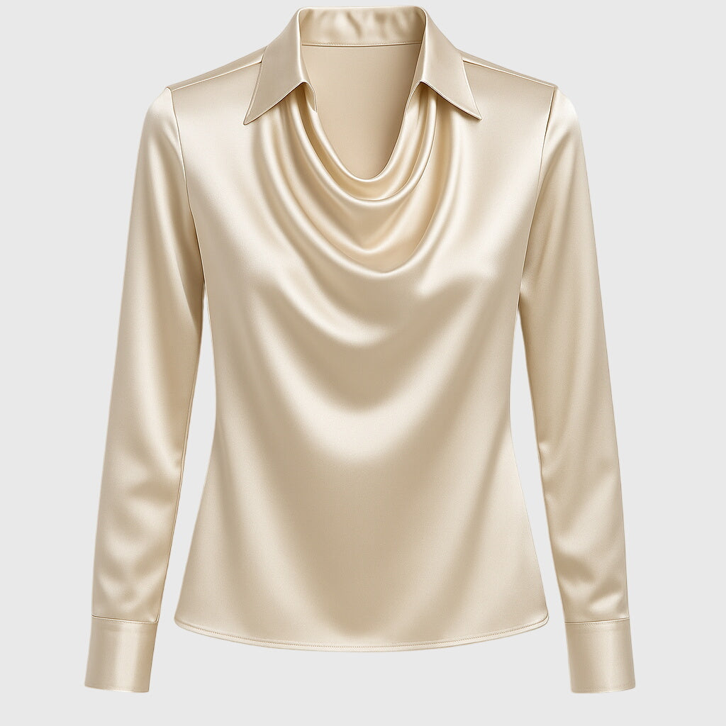 Blusa de Satén Elegante para Mujeres con Cuello de Cowl y Manga Larga, Brillo Lujoso, Ajuste Fluido, Casual Chic – Brooklyn