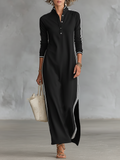 Vestido Largo Casual Minimalista de Verano para Mujer con Cuello Abotonado y Detalles en Blanco – Negro