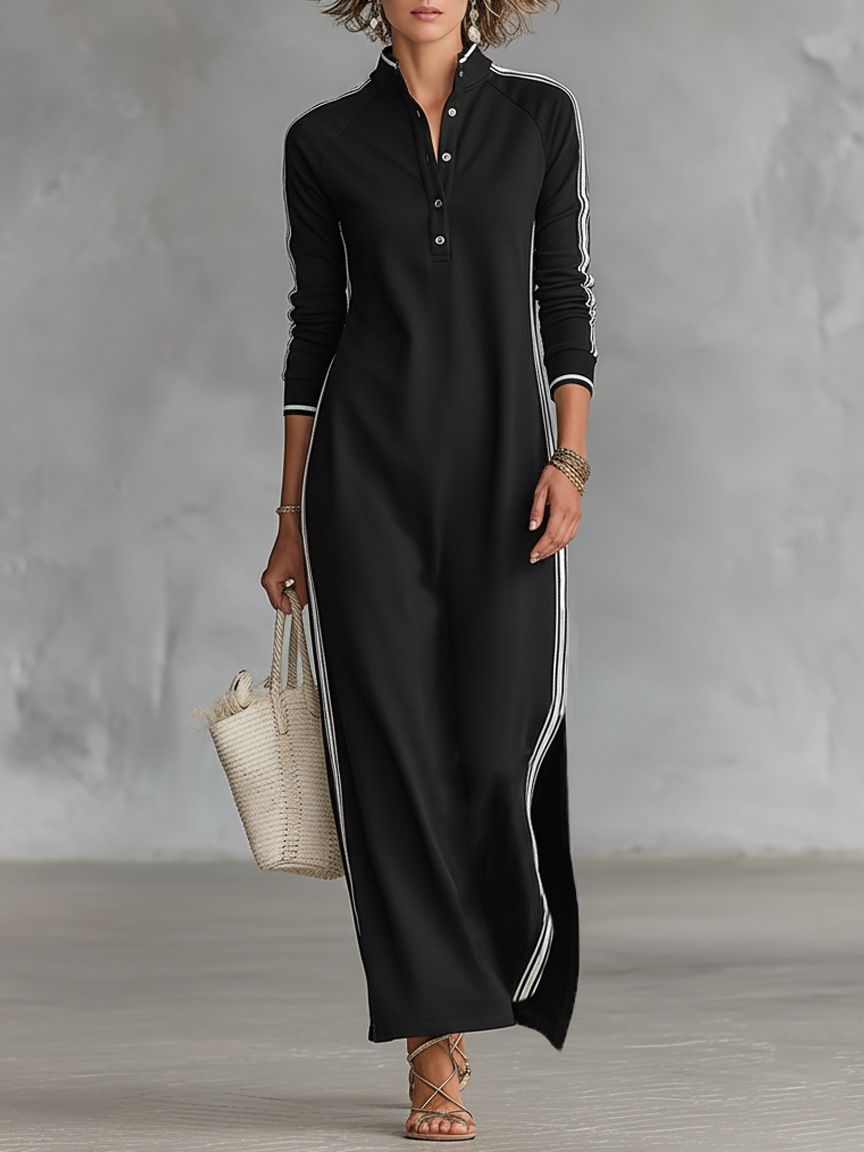 Vestido Largo Casual Minimalista de Verano para Mujer con Cuello Abotonado y Detalles en Blanco – Negro