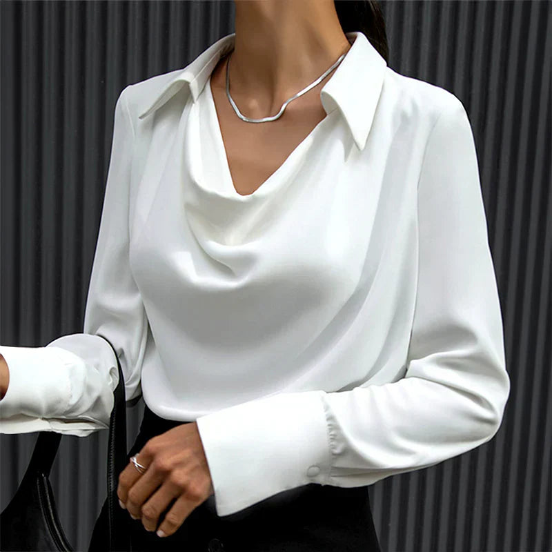 Blusa de Satén con Cuello Drapeado y Manga Larga para Mujeres Elegante y Versátil – Samantha