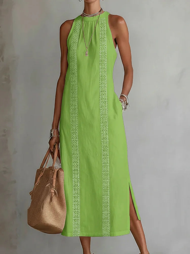 Vestido Midi de Lino Minimalista Retro para Mujer Sin Mangas Cuello Alto Detalle de Encaje Casual Verano Playa Vacaciones Diario – Celeste