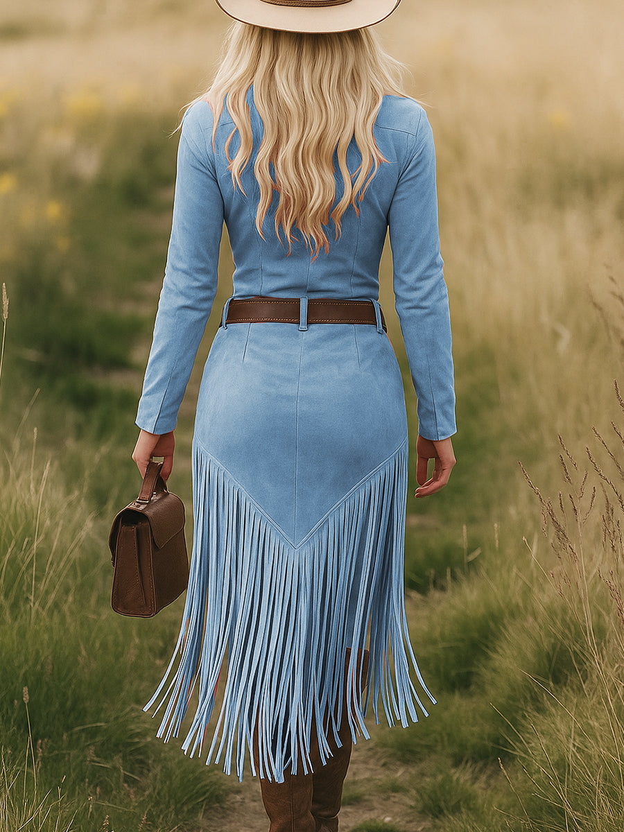 Vestido Midi de Suede Retro Western con Flecos y Borlas para Mujer, de Manga Larga, con Solapa, Cierre de Cremallera, Cinturón y Ajuste Slim – Marrón Claro