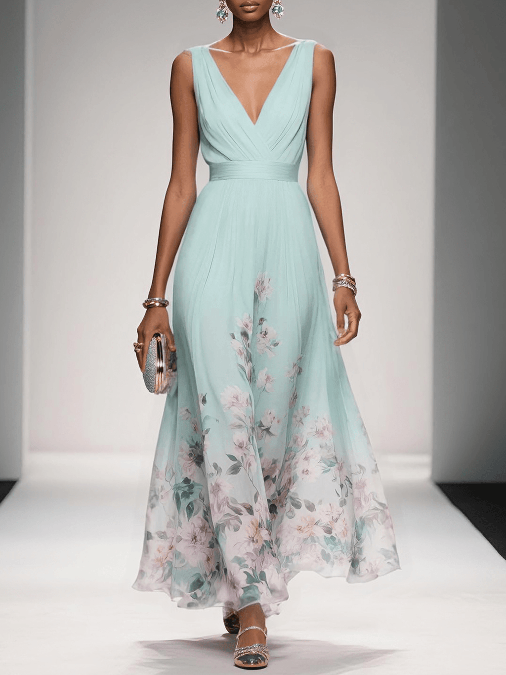 Vestido Largo Floral para Invitadas de Boda Femenino Fluido Romántico Elegante