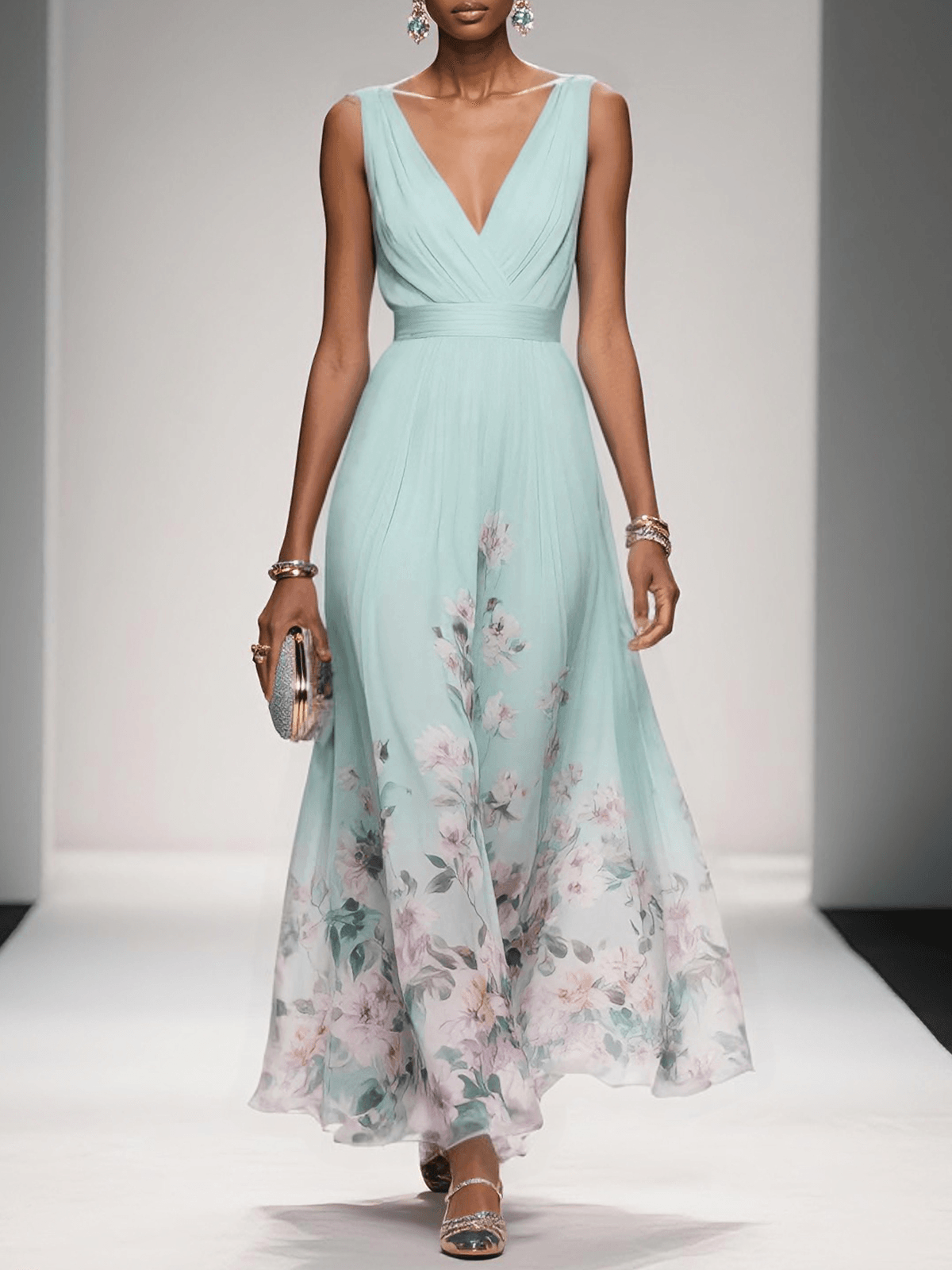 Vestido Largo Floral para Invitadas de Boda Femenino Fluido Romántico Elegante