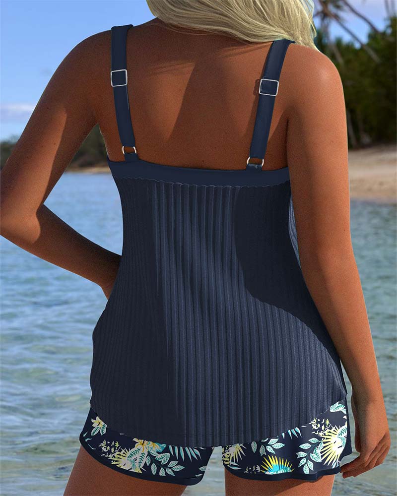 Conjunto de Tankini de Dos Piezas con Fruncidos para Mujeres, Espalda Descubierta, Tirantes Finos, Cortos con Estampado Floral, Playa, Piscina, Vacaciones, Resort, Verano – Marina