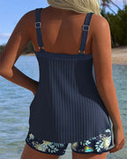 Conjunto de Tankini de Dos Piezas con Fruncidos para Mujeres, Espalda Descubierta, Tirantes Finos, Cortos con Estampado Floral, Playa, Piscina, Vacaciones, Resort, Verano – Marina
