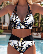 Conjunto de Bikini Triángulo Impreso Retro para Mujer con Tirantes Espagueti de Mezcla de Algodón – Multicolor