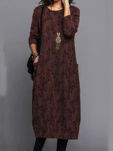 Vestido Midi de Manga Larga con Bolsillos Casual de Verano Impreso Cómodo para el Día a Día
