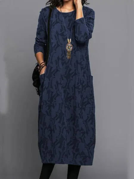 Vestido Midi de Manga Larga con Bolsillos Casual de Verano Impreso Cómodo para el Día a Día